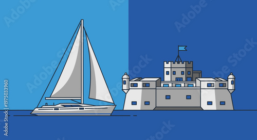 Majestic Sailboat Navigates Calm Waters Near Historic Seaside Fortress