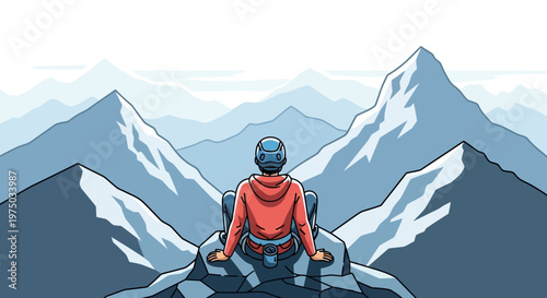 Lone Climber Resting Amidst Majestic Snowy Peaks
