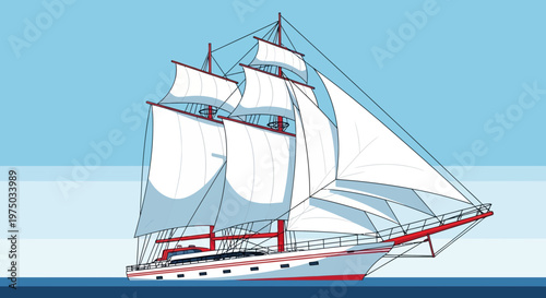 Majestic Sailing Ship Illustration on a Clear Blue Sky Background