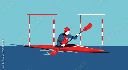 Kayaker Navigating Through Gates In Water Sport Competition