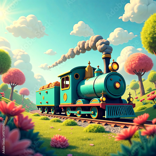 Colorful cartoon steam locomotive with smoke billowing, traveling through a vibrant landscape filled with pink trees and fluffy clouds under a bright blue sky