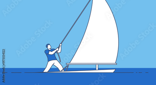 Man Adjusting Sailboat Rigging Out On Open Water