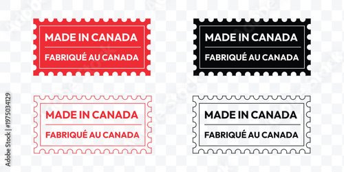 Bilingual Made in Canada and Fabriqué au Canada Labels, Canadian Maple Leaf Vector Stamps with transparent background Vector eps