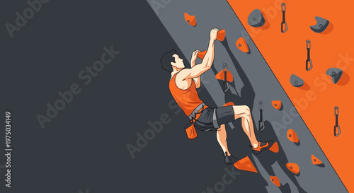 Man Ascending A Colorful Indoor Climbing Wall With Bold Grips And Carabiners