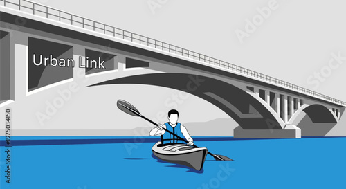Kayaker Paddling Underneath a Grand Urban Bridge Structure