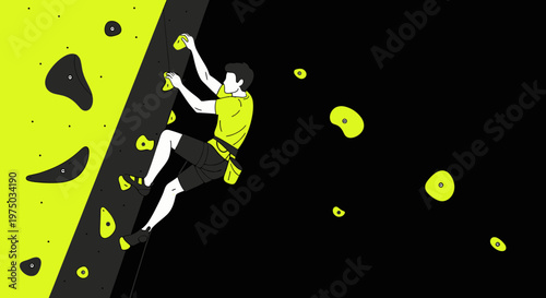 Man Ascending Artificial Climbing Wall In Bright Neon Yellow And Black