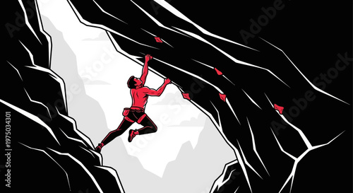 Man Ascending Rugged Mountain Facing Extreme Climbing Challenge