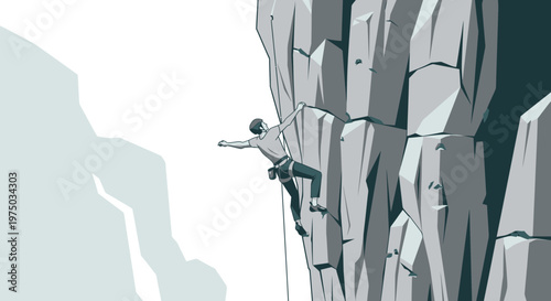 Man Ascending Rugged Mountain Face With Determination And Skill