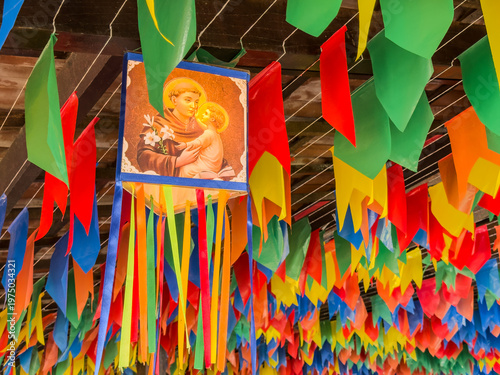 Fotografie Colorful flags, Saint Anthony lantern and decorative balloon for the Saint John