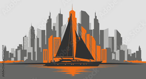 Luxury Yacht Sailing Past An Orange And Grey City Skyline Silhouette
