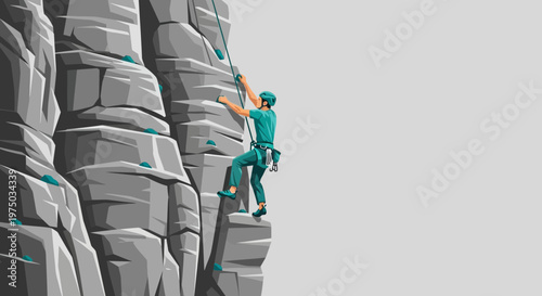 Man Ascending Rugged Rocky Cliff Face Utilizing Climbing Gear for Ascent