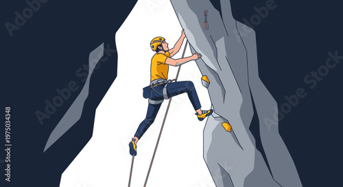 Man Ascending Rugged Rock Face With Climbing Gear