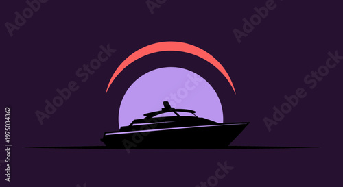 Luxury Yacht Silhouetted Against A Stylized Sunrise Or Sunset Sky