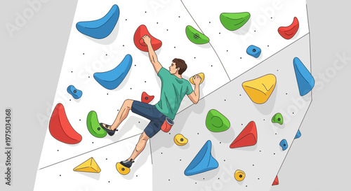 Man Ascending Textured Climbing Wall Holding Brightly Colored Holds