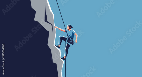 Man Ascending Steep Rocky Cliff Face With Rope