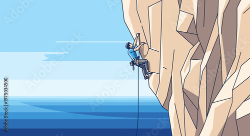 Man Ascends Rocky Cliff Over Deep Blue Ocean With Clear Skies