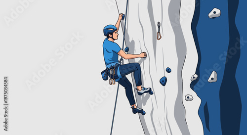 Man Ascends Vertical Climbing Wall Engaging in Extreme Sport Activity
