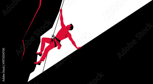 Man Climbing Rocky Mountain With Dynamic Red Silhouette Style