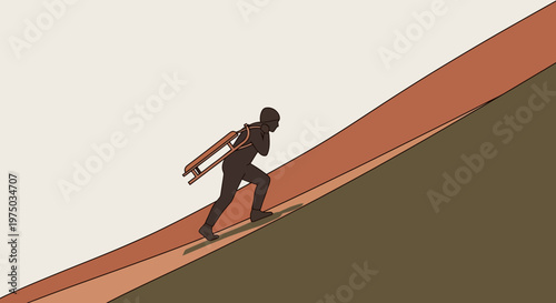 Man Climbing Steep Hill Carrying Sled Struggle and Perseverance Metaphor