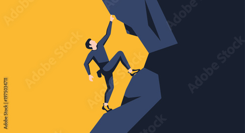 Man Climbing Steep Mountain Facing Challenges and Reaching Goals