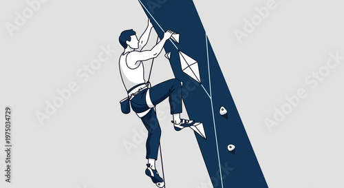 Man Climbing Up A Steep Indoor Rock Wall With Holds