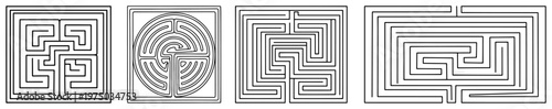 Four different labyrinth and maze puzzles in black line art style