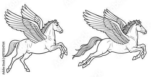 Pegasus winged horse in flying and standing poses mythic creature line art