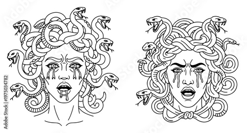 Medusa gorgon head with snakes as hair and angry expression greek mythology line art