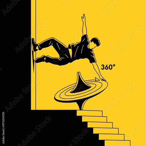 Man Falling While Balancing Spinning Top Near Stairs