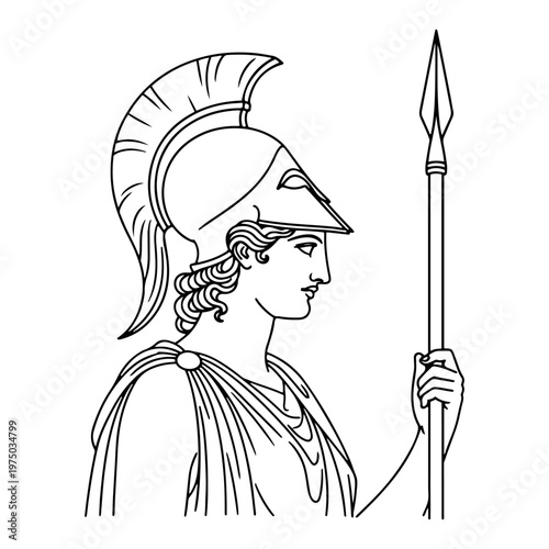 Athena Greek goddess of wisdom and war wearing helmet and holding spear in classical line art style