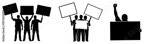 Protesters holding blank signs and banners during demonstration or rally in silhouette style