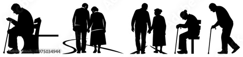 Elderly couple silhouettes showing aging process and companionship in black and white minimalist style