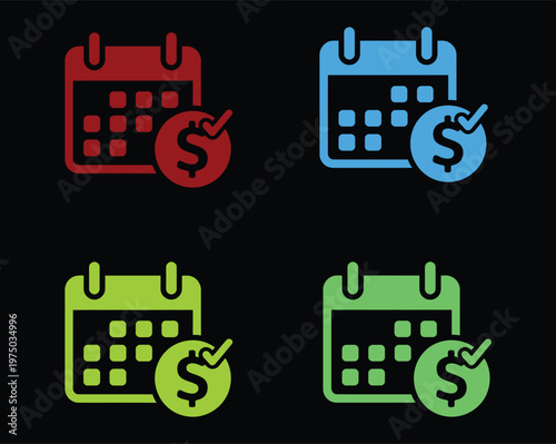 Subscription billing icon collection featuring recurring payment, invoice, calendar cycle and automatic charge symbols for fintech apps and financial dashboard vector design.