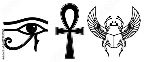 Eye of Horus Ankh cross and winged scarab beetle Egyptian symbols set in black line art style