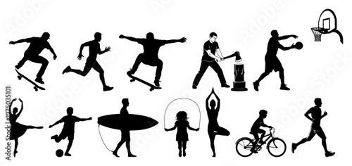 Active people doing sports and outdoor activities silhouette set
