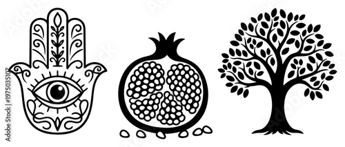 Hamsa hand with pomegranate fruit and tree of life spiritual symbols in decorative black icon style
