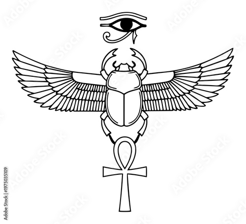 Winged scarab beetle combined with Eye of Horus and Ankh cross in vertical Egyptian composition