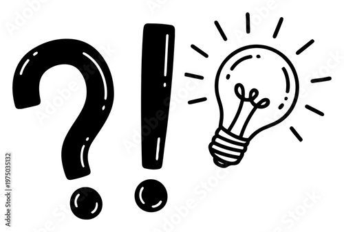 Question mark exclamation mark and light bulb representing idea generation and problem solving in doodle style