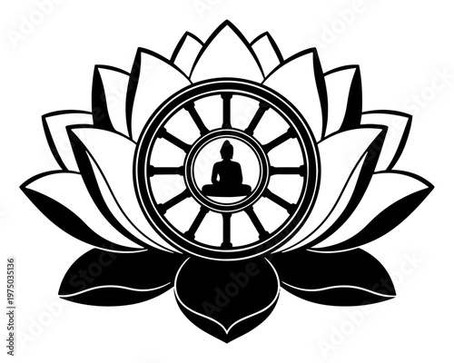 Buddha silhouette within dharma wheel surrounded by lotus flower petals in symmetrical spiritual style
