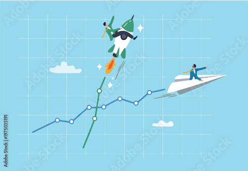 Boost performance, improvement or growth with fast speed progress, self development or marketing and investment, increase efficiency fast concept, businessman riding fast rising speed rocket