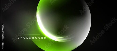 Abstract neon glow. Circular shapes overlap, creating luminous effect. Dark background emphasizes bright green highlights. Modern design element.
