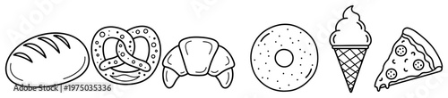 Bakery products including pizza pretzel and donut icons set in simple line art style
