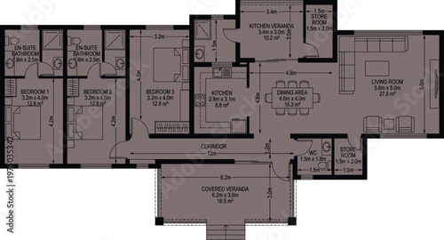 Modern single-story house floor plan, three bedrooms, en-suite bathrooms, kitchen, dining area, living room, veranda, architectural design blueprint