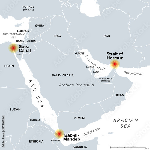 Arabian Peninsula, maritime trade chokepoints, political map. Suez Canal, Strait of Hormuz, Bab-el-Mandeb, the geopolitically important maritime routes for shipping oil, natural gas, and goods. Vector