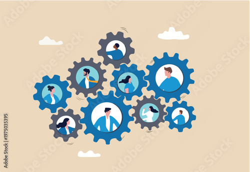 Team or organization, office role or job position or skills to drive company, teamwork or collaboration for success, team effort concept, business people working to rotate connected cogwheels