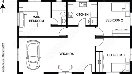 Residential house floor plan, garage, main bedroom, two bedrooms, kitchen, veranda, living space, architectural blueprint, furniture layout, home design illustration