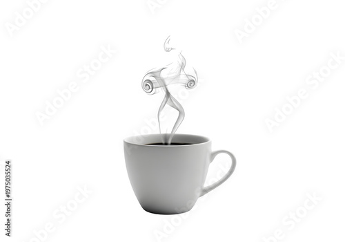 A white coffee cup with swirling smoke rising from it isolated on transparent background