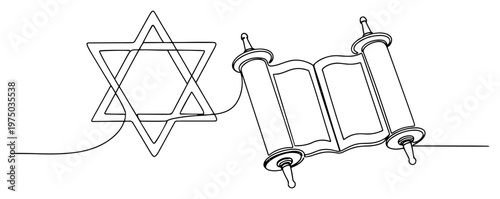 Star of David and Torah scroll connected by single line in continuous line art style