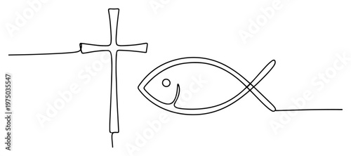 Christian cross and ichthys fish symbol in continuous line art style