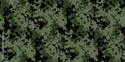 Abstract digital camouflage pattern.  Perfect for backgrounds, textiles, or militarythemed designs.  The dark green and black pixelated design evokes a sense of concealment and strategy.